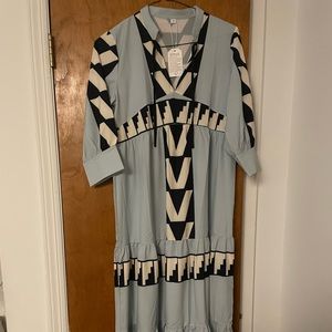 Brand new flowing maxi dress, Robins egg blue with black and white design.